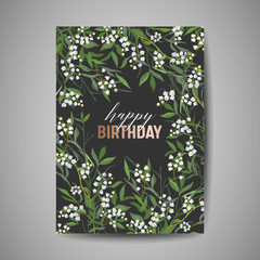 Birthday Greeting card, invitation or congratulation template with flowers, green floral leaves, poster celebration party design illustration in vector