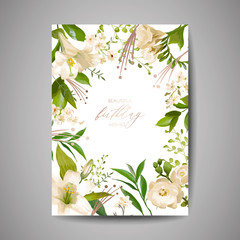 Birthday Greeting card, invitation or congratulation template with flowers, green floral leaves, poster celebration party design illustration in vector