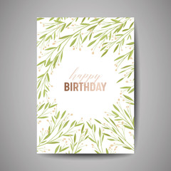 Birthday Greeting card, invitation or congratulation template with green floral, poster celebration party design illustration in vector
