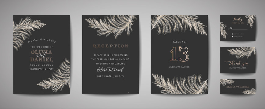 Pampas Grass Vintage Wedding Save the Date, Invitation Floral Cards Collection with Gold Foil Frame. Vector trendy cover, graphic poster, retro brochure, design template