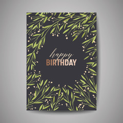 Birthday Greeting card, invitation or congratulation template with green floral, poster celebration party design illustration in vector