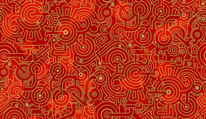 Abstract seamless vector pattern. Mechanical. Cogs, bolts and gears. Polygons. Gold, light and dark red.