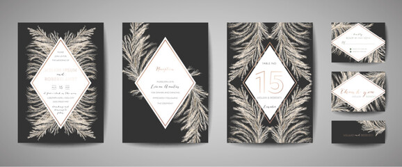 Pampas Grass Vintage Wedding Save the Date, Invitation Floral Cards Collection with Gold Foil Frame. Vector trendy cover, graphic poster, retro brochure, design template