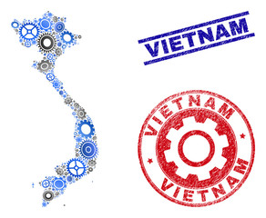 Mechanics vector Vietnam map composition and seals. Abstract Vietnam map is composed of gradient random gears. Engineering territorial plan in gray and blue colors,