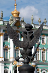 St Petersburg Russia Aug 17 2012, three headed eagle sculpture decorating fence around the Alexander Column in  Palace Square