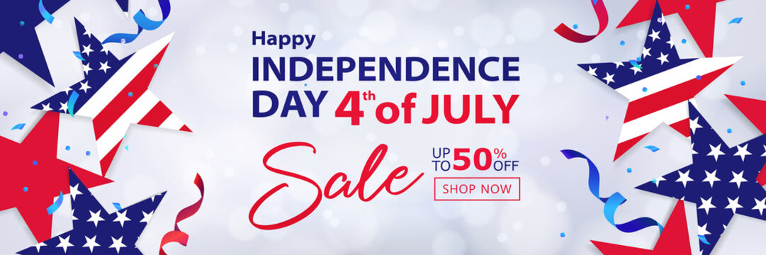 Fourth of July Sale long horizontal banner. 4th of July holiday background. USA Independence Day design for sale, discount, advertisement, web. Place for your text