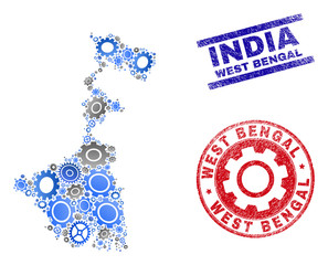 Gear vector West Bengal State map mosaic and seals. Abstract West Bengal State map is composed of gradiented random gear wheels. Engineering territory scheme in gray and blue colors,