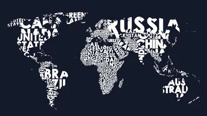 Deurstickers World map text composition of country names, typographical black and white vector illustration © martinova4