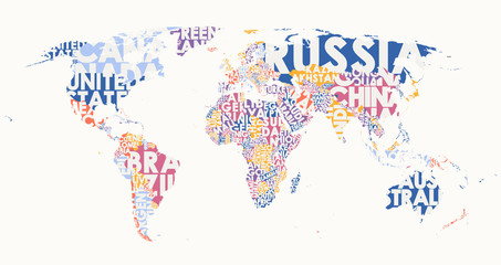 World map text composition, name of countries in color territories, Typographic vector illustration