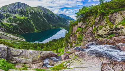 Fototapeta na wymiar Panorama viem on Morskie Oko from the to the Czarny Staw, Tatra, Poland