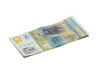 One  banknote worth 10 Serbian Dinars with a portrait of a Linguist Vuk Karadzic isolated on a white background