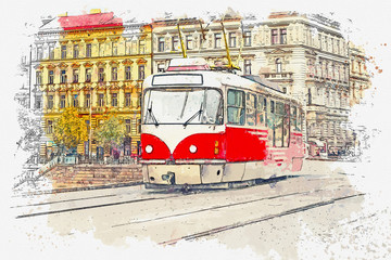 Watercolor sketch or illustration of a traditional old-fashioned tram on a street in Prague in the Czech Republic.