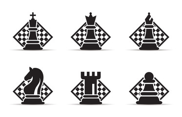 Concept of Business Strategy With Chess Figures On A Chess Board Modern Vector Illustration Set. Black Chess Figures Pieces Illustration.