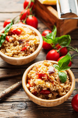 Vegetaian rice with onion, tomato and eggplant