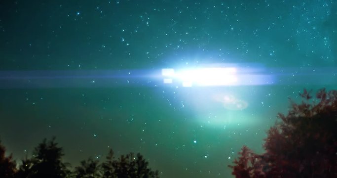 A simulated home movie recording of two UFOs flying in the night sky. Clean and grainy 16mm film-damaged versions included.  	