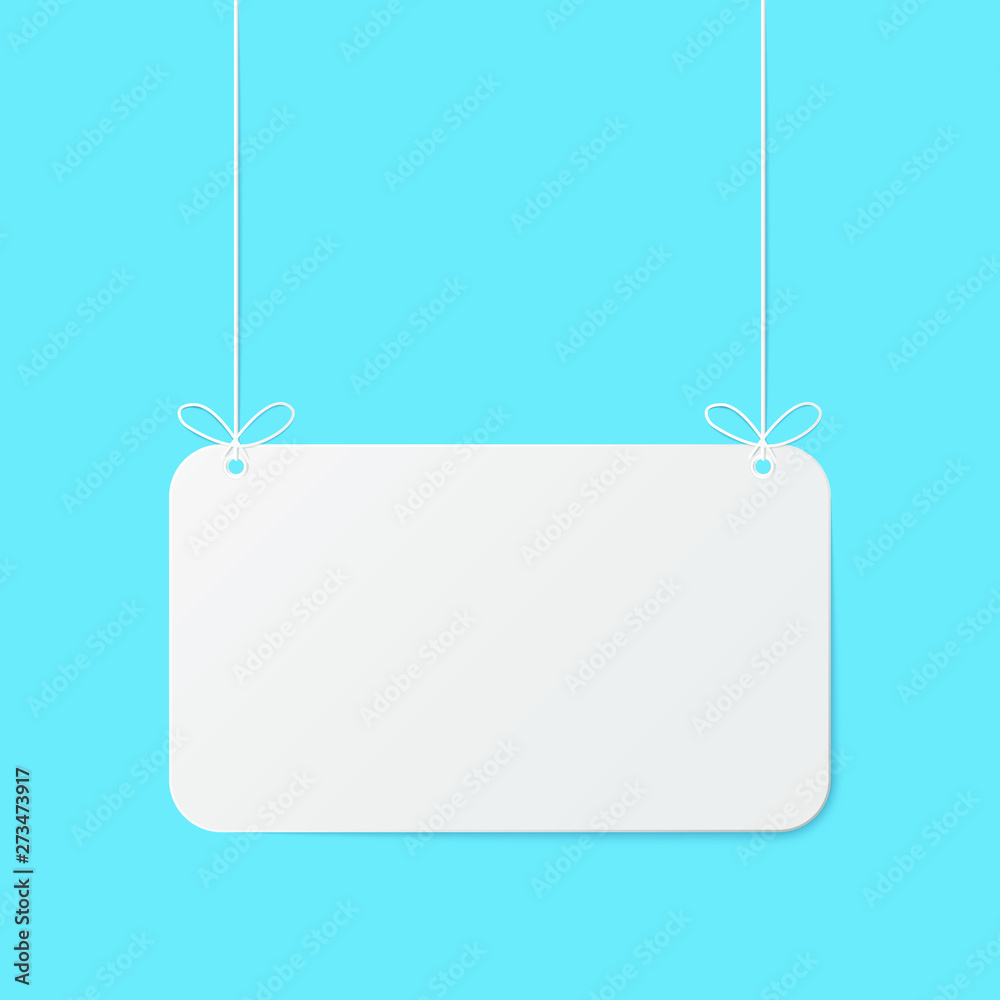 Poster Paper art with mock up empty on blue sky. Copy space. Speech Bubble, White and grey blank hanging. 