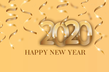 2020 numbers gold poster with golden ribbons. Happy New year dynamic design elements for a flyer, sale, brochures, presentations, party etc. Vector