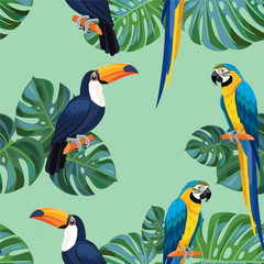 Tropical pattern with toucans and parrots. Vector seamless texture.