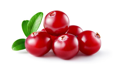 Cranberry with leaves. Cranberries isolated on white. Full depth of field.