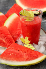 Watermelon smoothie, fresh juice and celery