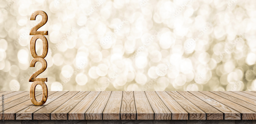 Poster 2020 happy new year wood number (3d rendering) on wood table with sparkling gold bokeh wall,leave space for display or montage of design or content