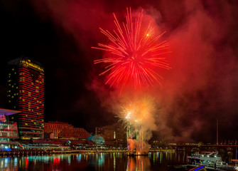 Beautiful fireworks on the famous Darling Harbor, Sydney, Australia