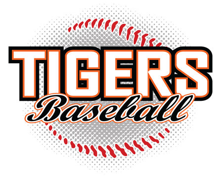 Tigers Baseball Design is a tigers mascot design template that includes team text and a stylized baseball graphic in the background. Great for team or school t-shirts, promotions and advertising.