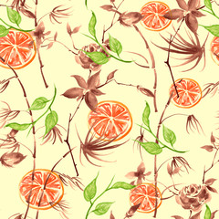 Watercolor painting, vintage seamless pattern - tropical fruits, citrus, slices of lemon, orange, lime, branch,flowers,bamboo, roses branch with buds, leaves. Fashionable stylish art background