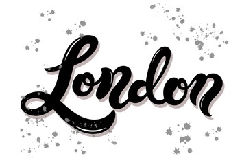 London. Hand drawn lettering. Vector illustration. Typography poster, banner. Capital of Great Britain. Europe. British flag
