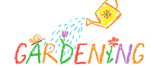 Crayon gardening header border background. Like child hand drawing funny outdoor copy space. Pencil or pastel chalk vector hand lettering font. Drawn flower, watering can shower, plant