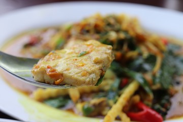 close-up Stir-Fried Spicy Fish on spoon, Thai spicy herb food