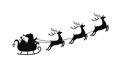 Vector cartoon sleigh with bag of gifts and reindeers, sled of Santa Claus. Christmas element with cute deers.