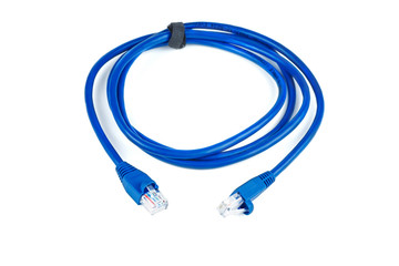 Blue ethernet (copper, RJ45) patchcord isolated on white background
