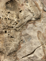 Typical detail of an ancient wall of an Italian house in Rimini, on the Adriatic coast, made of hand-carved stones.