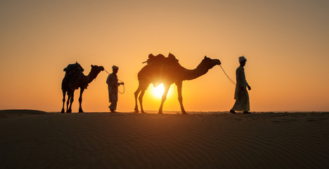 Fototapeta na wymiar Rajasthan travel background - Two indian cameleers (camel drivers) with camels silhouettes in dunes of Thar desert on sunset. Jaisalmer, Rajasthan, India