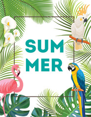 Tropical postcard with birds. Summer vector illustration.
