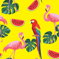 Tropical pattern with flamingos and parrots. Seamless texture.