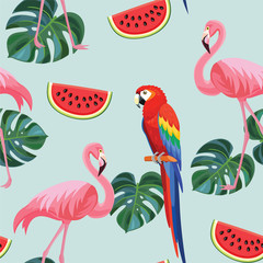 Tropical pattern with flamingos and parrots. Seamless texture.