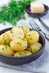 Naklejka na ściany i meble New young boiled potato topped with melted butter and chopped dill, in ceramic bowl, vertical
