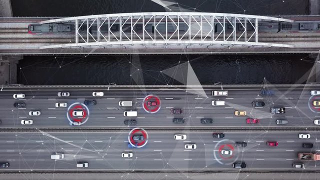 Autonomous Self Driving Car Moving on Highway. Futuristic City. Intelligence Scans Environment. Safely Drives. Aerial Top View