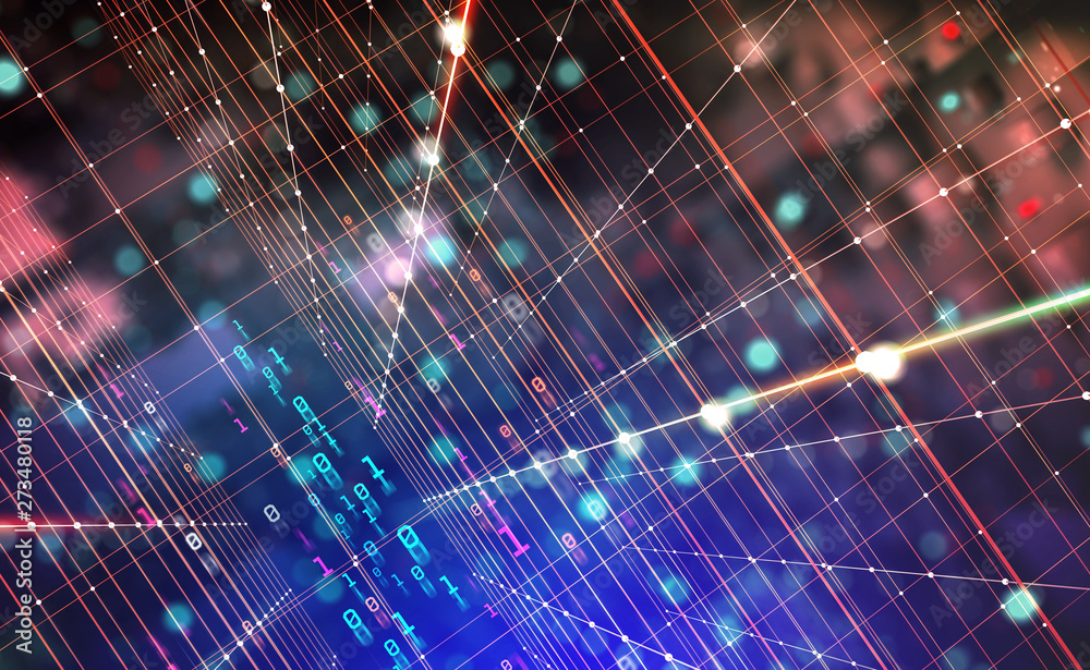 Poster Cyberspace. Digital computer network as a global database. 3D illustration of clusters of information with a binary code element