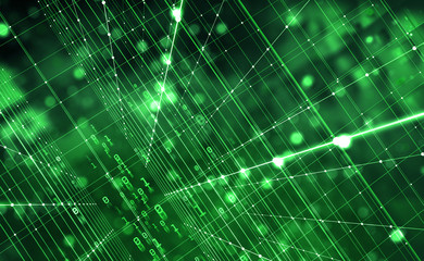 Cyberspace. Digital computer network as a global database. 3D illustration of clusters of information with a binary code element