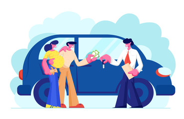 Customers Buying Automobile Giving Money to Dealer. Salesman Give Key to New Owner. Young Family Couple of Man and Pregnant Woman Buy Car in Auto Salon, Happy Purchase Cartoon Flat Vector Illustration