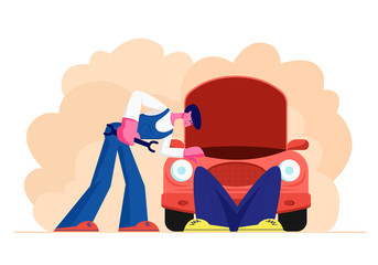 Mechanic Dressed in Blue Overall Stand near Broken Car with Open Hood Holding Wrench in Hand, Man Lying under Auto, Checking and Maintenance Car, City Repair Service. Cartoon Flat Vector Illustration