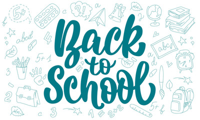 Lettering Back to school on chalk board. Punctuation and spelling advertising banner.