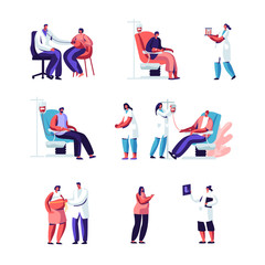 Pregnancy and Blood Donation Set. Pregnant Woman at Doctor Appointment. Medical Check Up, Ultrasound, Measuring Belly, Listening Baby Heart. Volunteers Donating Blood. Cartoon Flat Vector Illustration