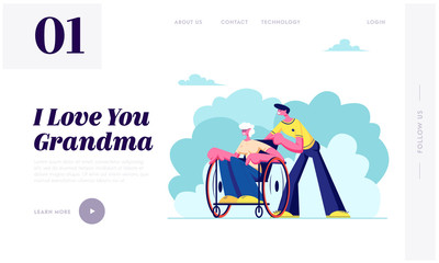 Grandson Spend Time with Disabled Grandma. Social Worker Care of Sick Senior Woman in Wheelchair, Family Relations, Healthcare, Website Landing Page, Web Page. Cartoon Flat Vector Illustration, Banner