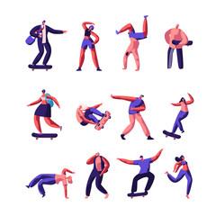 Young People Outdoors Activity and Sport Set. Teenagers Male and Female Characters Riding Skate Board, Dancing, Jumping, Youth Urban Culture, Leisure, Spare Time, Cartoon Flat Vector Illustration