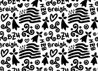 Hand drawn grunge style doodle vector seamless pattern with breton hand-drawn symbols: Gwen-ha-du black and white flag of Brittany, doodle triskels, line-art hermines, Bretagne, Breizh and BZH