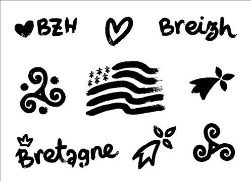 Set of vector breton hand-drawn symbols in grunge style: Gwen-ha-du black and white flag of Brittany , doodle triskels, hermines, Bretagne, Breizh and BZH lettering